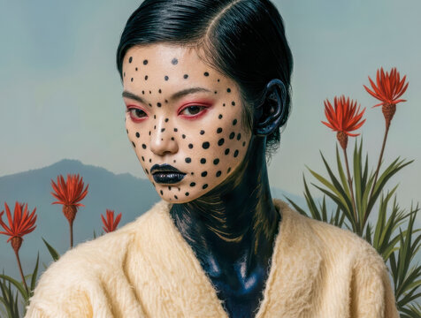 Avant-Garde Portrait with Polka Dots and Flowers