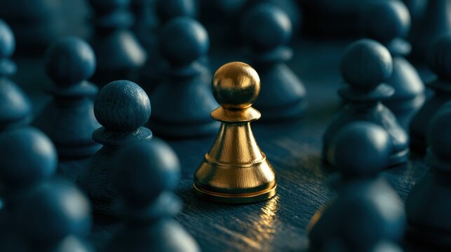 Shiny gold pawn standing out among multiple dark blue pawns in a concept of leadership, uniqueness, strategy, and competition on chessboard surface