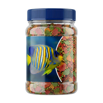 Clear plastic jar filled with colorful dried fish food flakes and a blue label featuring a tropical saltwater angelfish for pet store supplies and aquarium care