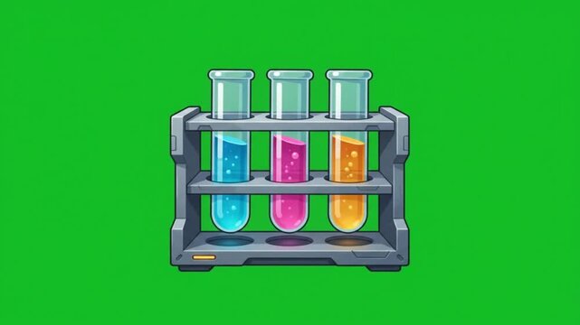 Test tubes with colorful liquids in a rack for scientific research and chemical analysis