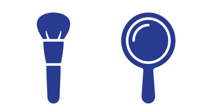 Blue vector icons featuring a cosmetic makeup brush and a handheld circular mirror beauty mirror makeup tool beauty accessory vanity mirror