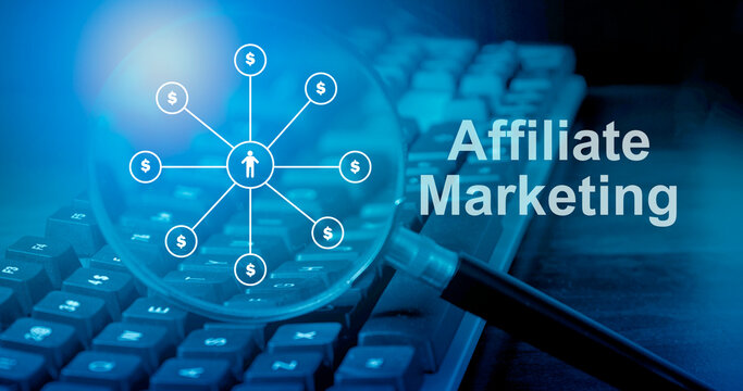 Affiliate marketing concept showing online product promotion, commission-based sales, digital advertising, referral links, and revenue generation through social media and e-commerce platforms.