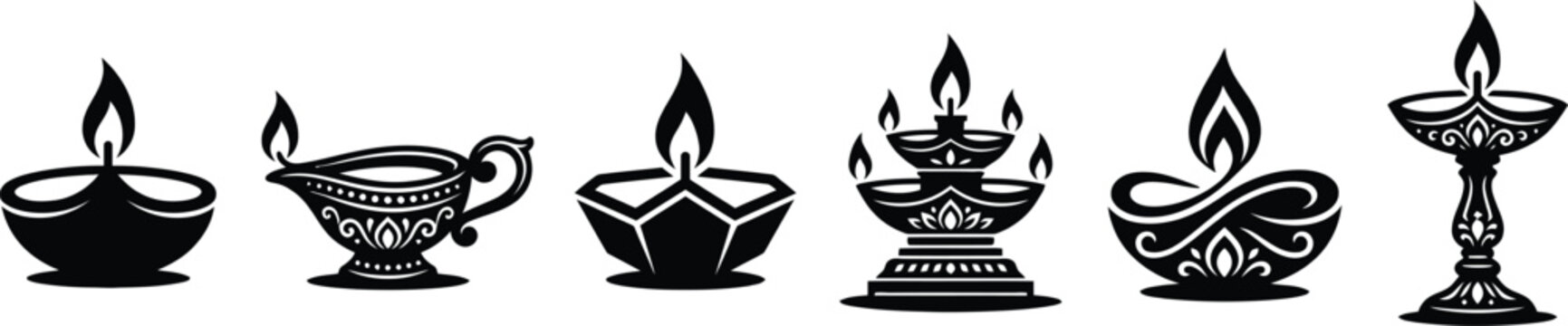 Collection of various traditional indian oil lamps or diyas silhouettes with burning flames oil lamp silhouette festival tradition collection