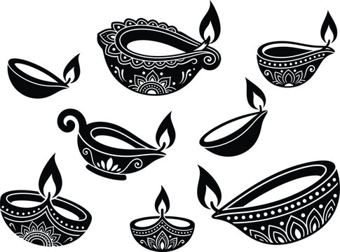 Assorted decorative traditional indian oil lamps or diyas silhouettes with flickering flames oil lamp silhouette festival tradition assorted