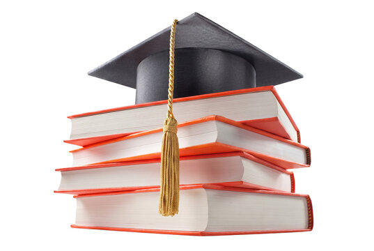 Graduation Cap with Golden Tassel Resting on a Stack of Academic Books