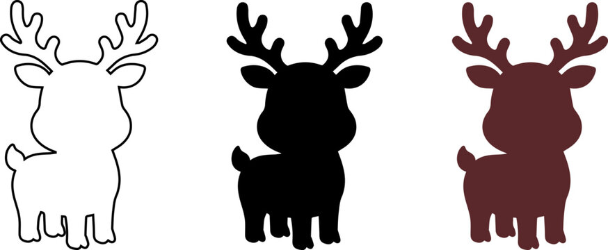 Christmas set of cute reindeer icons in outline, black, and dark red styles