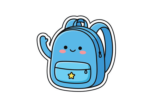 Cute blue school backpack character waving hands in kawaii cartoon style sticker