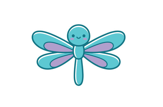 Cute kawaii dragonfly character with blue and purple wings smiling vector