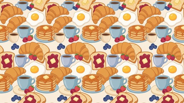 Cute Breakfast Food Seamless Pattern &ndash; Croissants, Pancakes, Eggs & Coffee