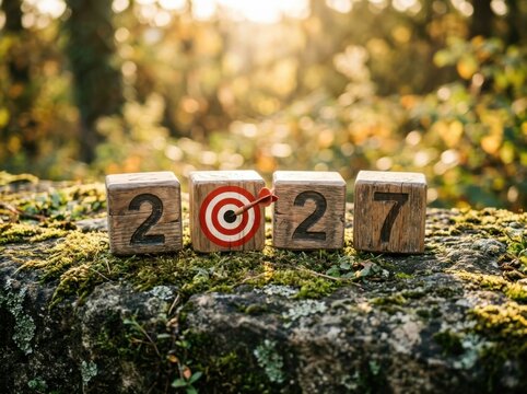 Wooden blocks forming the year 2027 with a target icon on a mossy stone in nature
