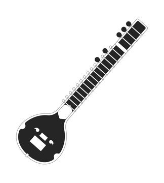 Traditional Indian sitar black and white cartoon clipart. Musical instrument. South Asian culture. Folk performance. Strings and tuning pegs isolated vector linear element. Flat spot illustration