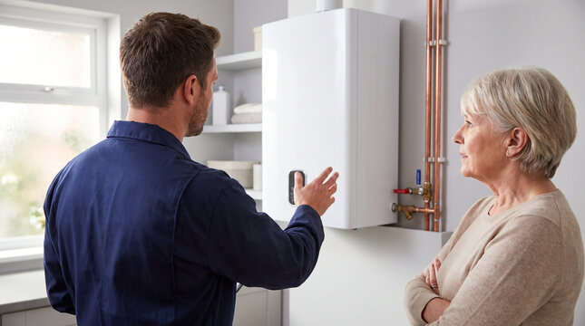 Plumber explaining tankless water heater inspection to homeowner