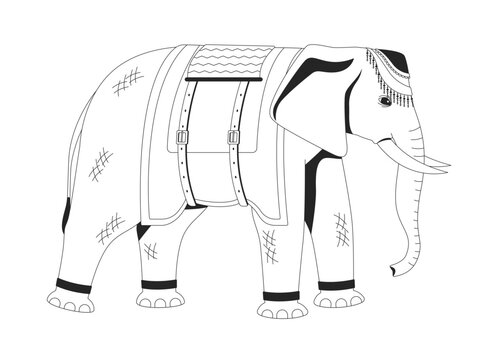 Decorated Indian elephant line art character. South Asian culture. Giant mammal wearing ornate ceremonial cloth and headpiece isolated vector outline animal. Black and white spot illustration