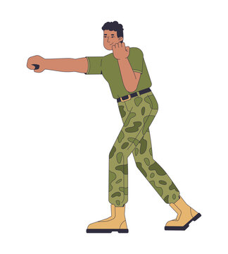 African american soldier throwing straight punch in boxing stance 2D cartoon character. Combat training. Army recruit self defense flat vector person isolated on white. Colorful spot illustration
