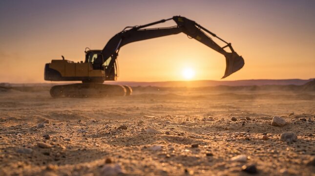 An excavator sits idle in a dusty construction site against a dramatic desert sunset, symbolizing industrial progress and the power of heavy machinery.