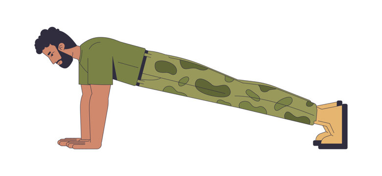African american soldier plank exercise 2D cartoon character. Military physical training. Army fitness drill. Recruit core strength flat vector person isolated on white. Colorful spot illustration