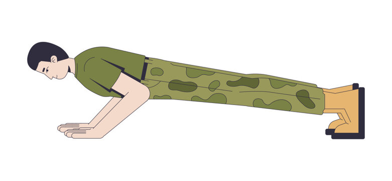 Soldier performing push-up during military physical training 2D cartoon character. Army fitness. Recruit upper body strength exercise flat vector person isolated on white. Colorful spot illustration