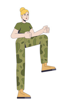 Female soldier performing high knee exercise 2D cartoon character. Military fitness training. Army woman recruit cardio workout flat vector person isolated on white. Colorful spot illustration