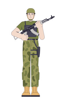 Soldier in helmet and tactical vest holding assault rifle in ready position 2D cartoon character. Army recruit. Military personnel flat vector person isolated on white. Colorful spot illustration