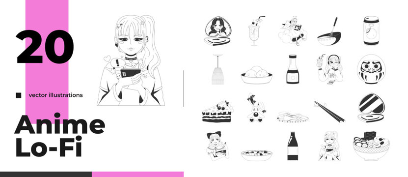 Kawaii anime lifestyle and Japanese food line illustration pack. Asian cuisine. Daruma doll. Sweet dessert. Cute makeup mirror. Cooking ingredients. Isolated black and white outline clipart set
