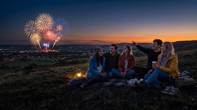 Group of Friends Watching Fireworks Show at Night Hilltop.