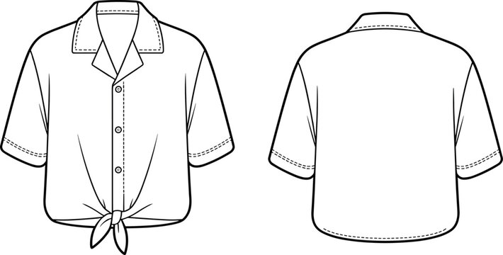 Front tie shirt vector technical sketch template with camp collar and short sleeves front back view