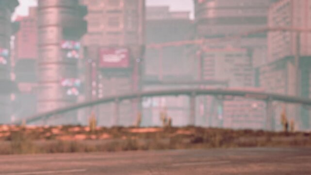 In the background, tall buildings form a modern cityscape. The foreground shows sparse vegetation and an empty road leading toward the city. The sky has a warm hue from the setting sun.