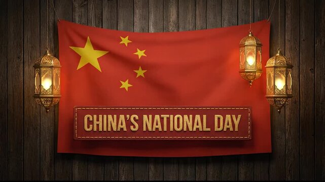 China's National Day display with flag and glowing lanterns on wood wall.