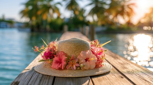 Sun hat decorated with tropical flower lei on wooden dock overlooking tranquil water with palm trees and golden sunlight at sunset in tropical vacation paradise