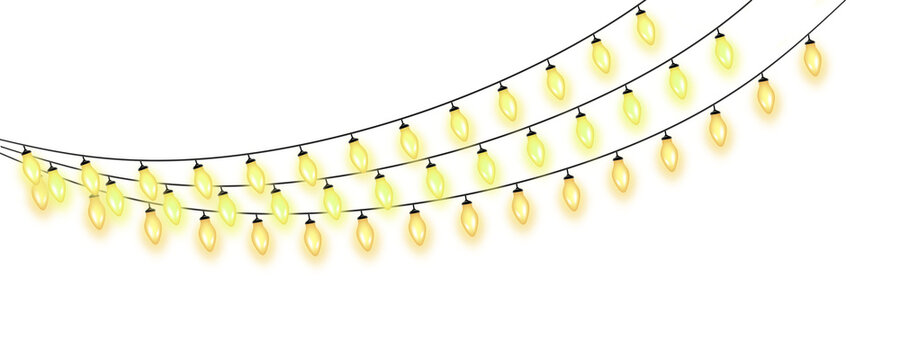 Yellow string lights hanging on black wires against white background