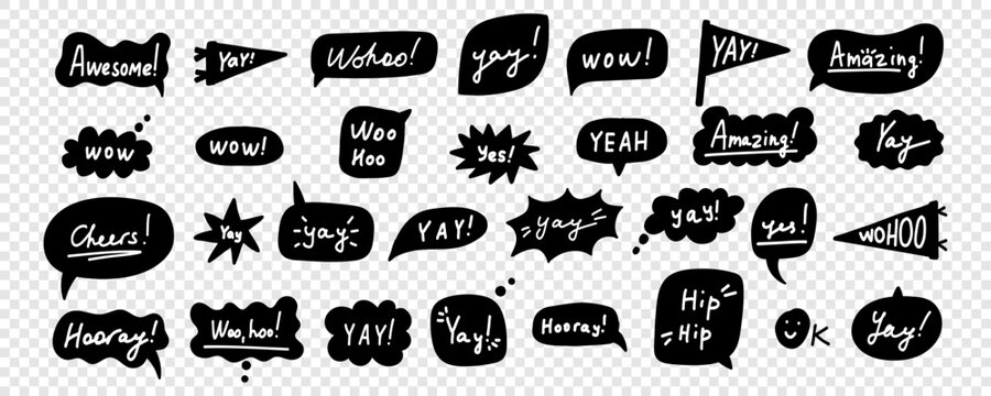 Black and White Bubble Speech with Yay Png Set. Yay Typography Balloon Sticker Kit. Playful Hurray Speechbubble Chat Collection. Handdrawn Vector Illustration in Transparent Bg