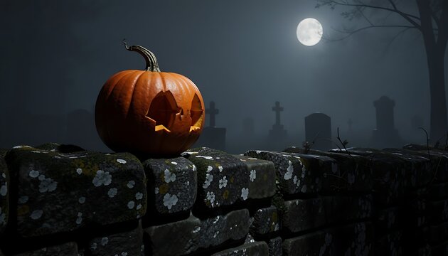 Carved jack-o'-lantern glowing on an old mossy stone wall in a spooky graveyard with a full moon on Halloween night