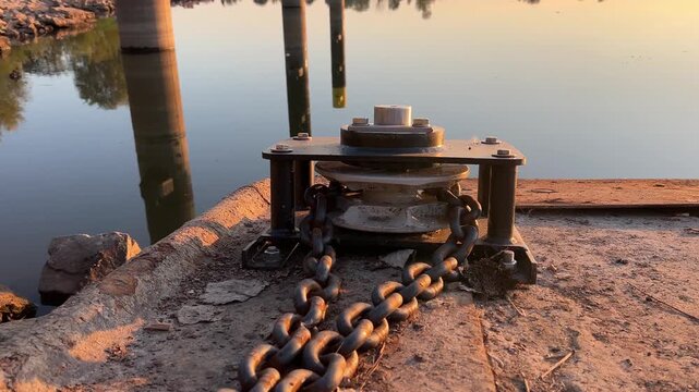 Close-up of ferry mooring equipment and heavy anchor chain at a river landing