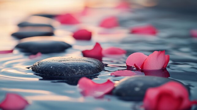 Rose petals floating on water with stones in a spa setting, creating a relaxing atmosphere.
