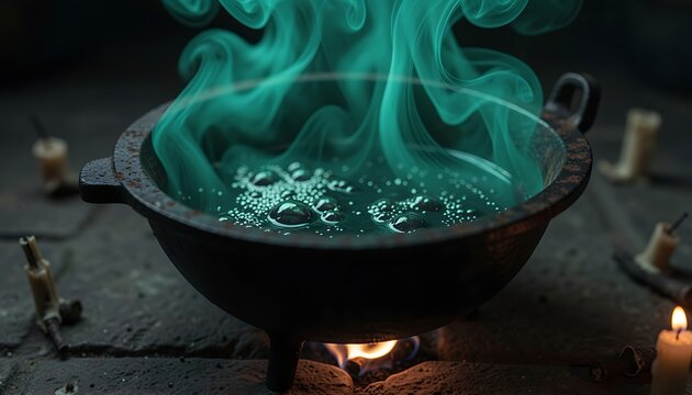Bubbling witch cauldron with glowing green magic potion and thick smoke rising in a dark mystical setting for Halloween and fantasy design