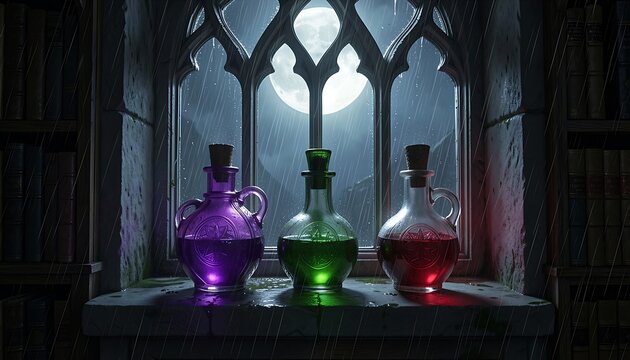 Three glowing potion bottles in purple, green, and red on a stone window sill with a full moon and rainy night outside for fantasy and magic design