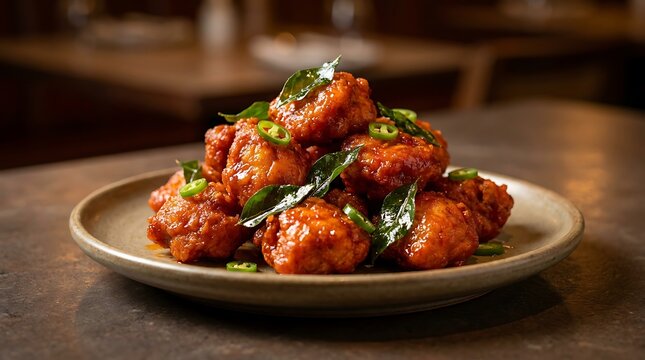 Delicious spicy chicken 65 appetizer served on a round plate in a dimly lit restaurant setting. chicken 65