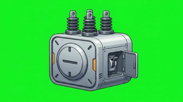 Futuristic electrical transformer unit with insulators on a green screen background
