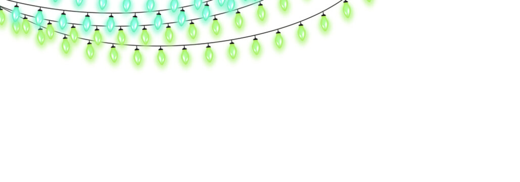 Green and blue glowing string lights on white background