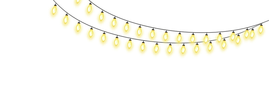 Glowing yellow light bulbs hanging on strings against white background