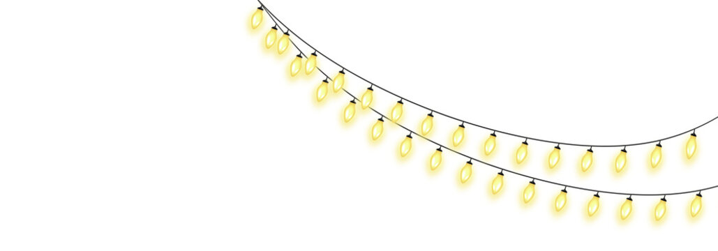 Yellow string lights hanging against white background