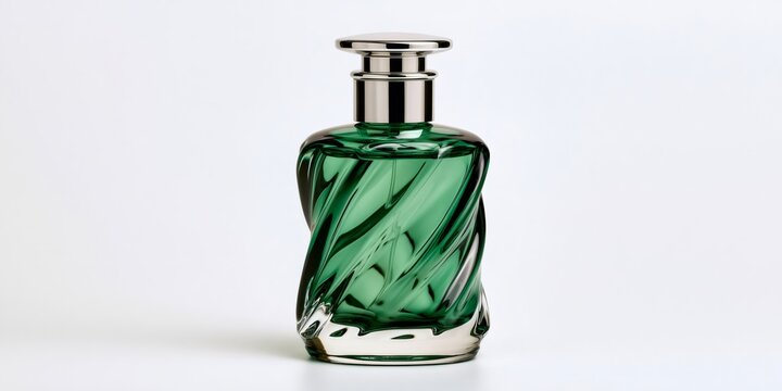 Green glass perfume bottle with silver cap