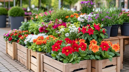 Naklejka premium Colorful flowers and plants displaying in wooden boxes