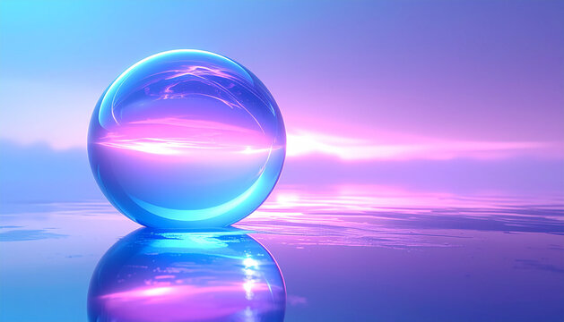 Translucent glass sphere hovering above soft caustic reflection with cool blue violet inner glow on frosted background generative AI