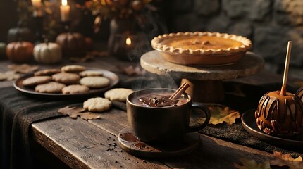 Naklejka premium Cozy autumn table setting featuring a steaming mug of hot chocolate with cinnamon sticks, a whole pumpkin pie, assorted cookies, and a caramel apple on a rustic wooden surface