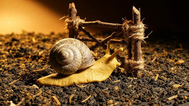 Small snail figurine with a detailed spiral shell crawling past a rustic wooden fence on dark textured soil in a conceptual macro studio setting for creative storytelling