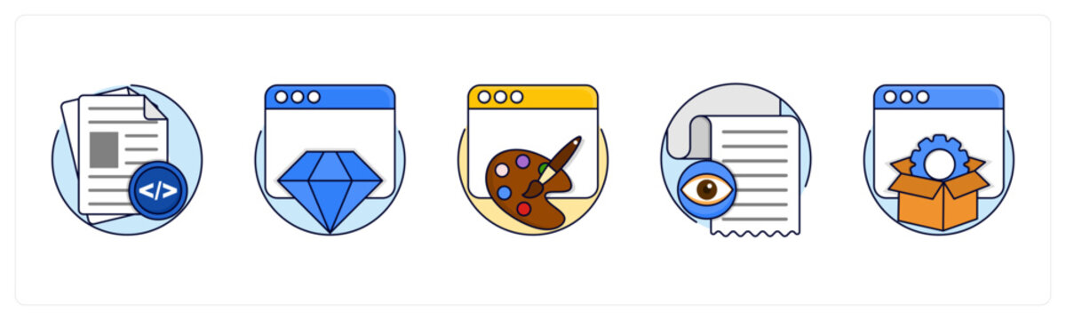 A set of 5 mix icons as Source Code, Website Reputation, Web Design
