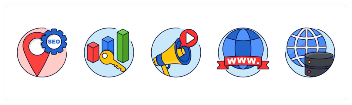 A set of 5 mix icons as Online Store, Keyword Ranking, Video Advertising