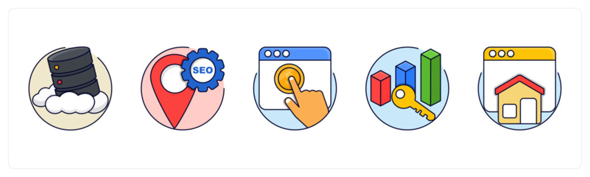 A set of 5 mix icons as Cloud Hosting, Online Store, PPC