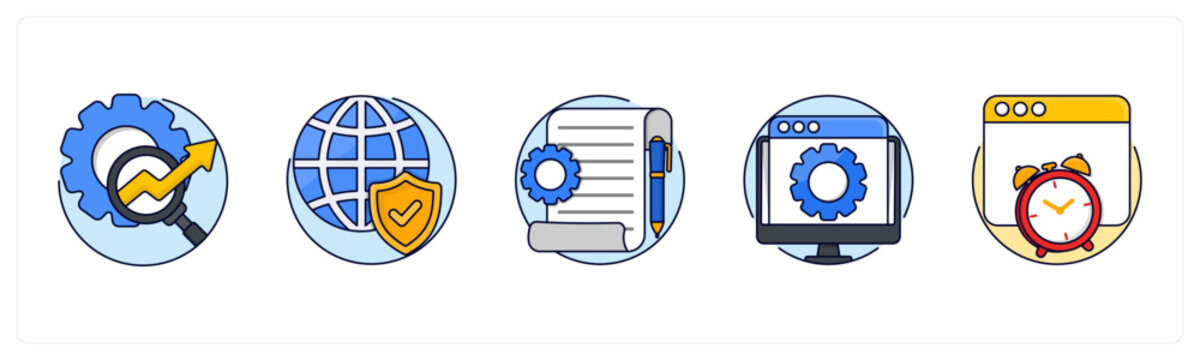 A set of 5 mix icons as Target, domain authority, optimized content